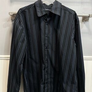 7 Diamonds Black Dress Shirt with Blue Pinstripes